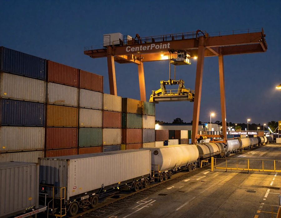 CenterPoint Intermodal yard in Joliet-Elwood Illinois at night with container stacks and Class 8 trucks waiting at gate