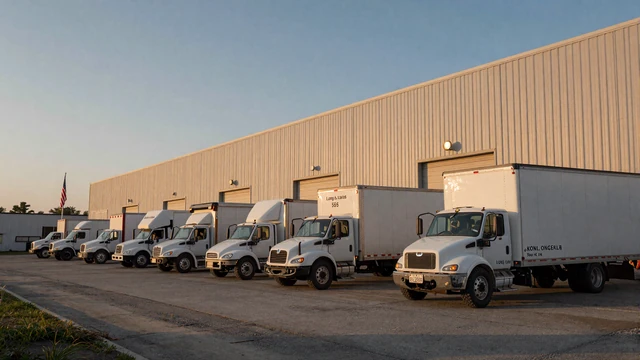 Long Island warehouse distribution yard at golden hour with line of trailers, home base for regional trucker dating New York members