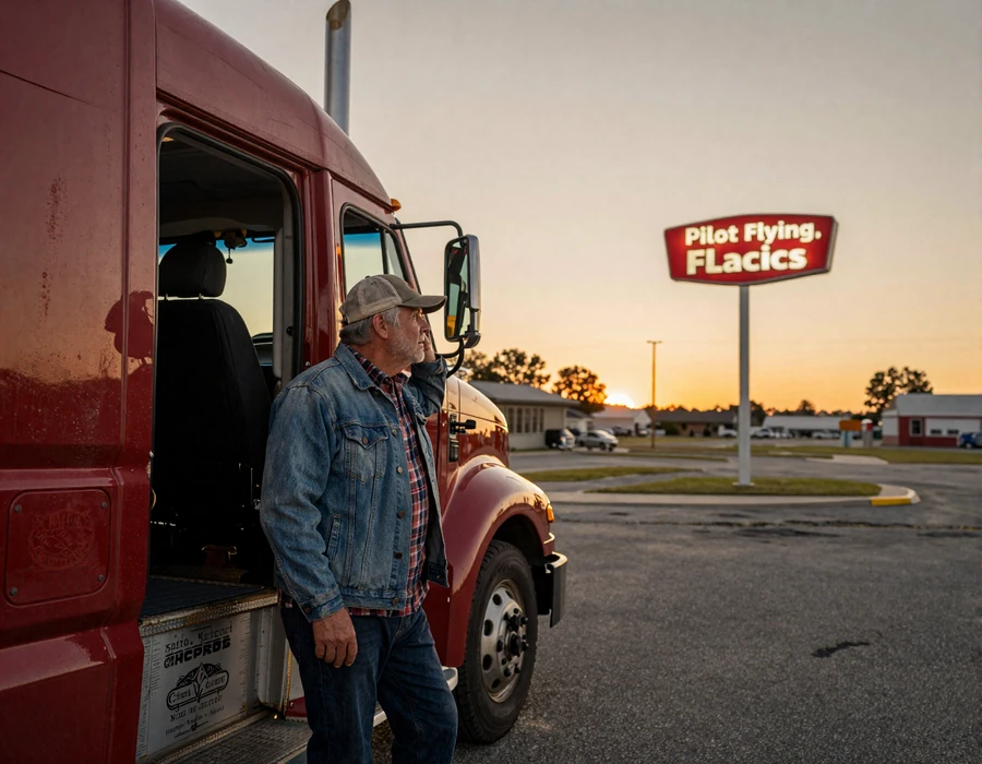 Veteran OTR driver Ray leaning on his red Peterbilt sleeper cab at dusk, representing the RoadHeart trucker social network community