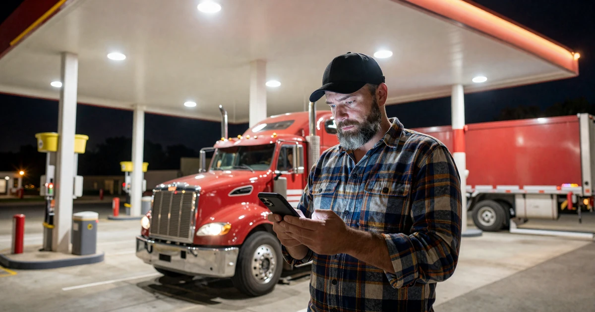 OTR truck driver reviewing his RoadHeart profile under bright fuel island lights at a Pilot Flying J truck stop, illustrating trucker dating safety habits