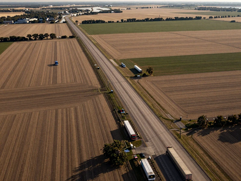 Aerial view of Interstate 80 across central Nebraska alongside the Platte River, key trucker dating Nebraska freight corridor