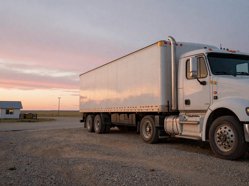 Cattle hauler parked at a Sandhills diner at dawn, capturing Nebraska ag trucking life and dating community