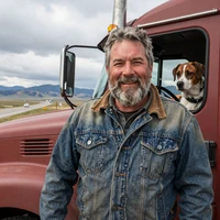 Dave L., OTR owner-operator who runs I-80 with his dog and girlfriend