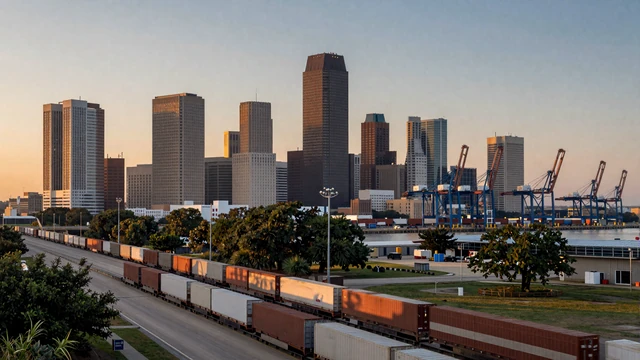 Houston skyline at dusk with I-10 freight traffic, gateway for Dallas drivers exploring Houston trucker dating