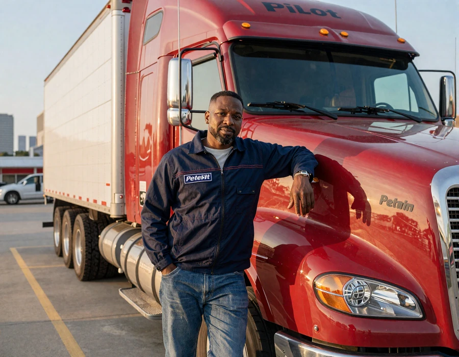 Atlanta OTR truck driver beside his red Peterbilt at a Pilot truck stop on I-75 with the city skyline behind him, representing trucker dating Atlanta