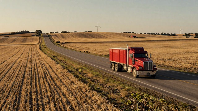 Illinois rural highway through farmland with a red sleeper cab, representing the broader trucker dating Illinois community
