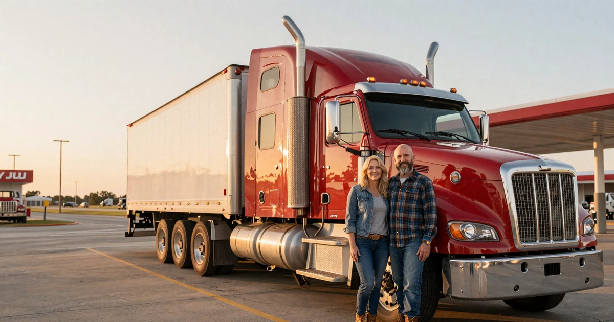 OTR trucker Mike and his wife Karen at sunrise beside his red Peterbilt sleeper cab, a real RoadHeart trucker dating success story