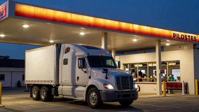 Semi truck at Ohio truck stop on I-70 at night, representing trucker dating Ohio on RoadHeart