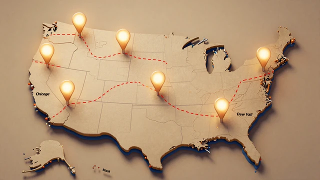 Stylized US freight map highlighting six RoadHeart city hubs for cross-country trucker dating