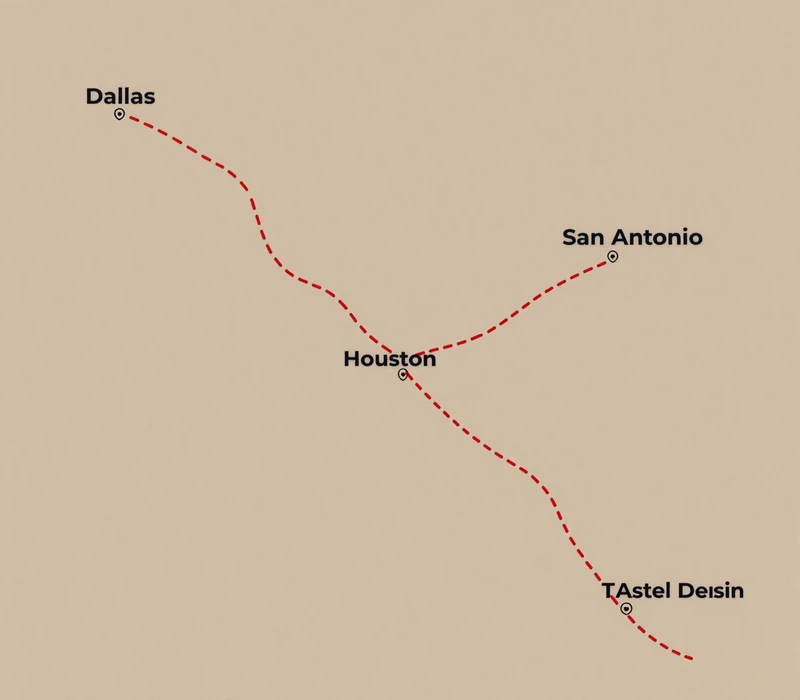 Illustrated map of the Texas Triangle freight corridor connecting Dallas, Houston, San Antonio, and Austin for trucker dating coverage