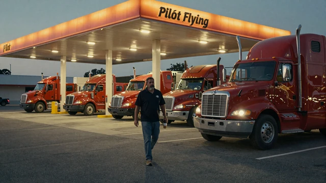 Truck stop at dusk with parked rigs and an OTR driver returning to his cab, the daily setting of life on the road and dating