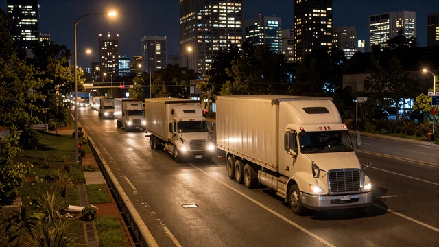 Freight traffic approaching a major skyline, representing trucker dating in logistics-focused cities
