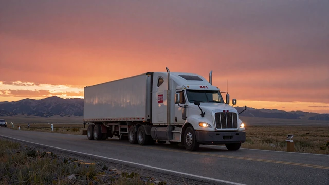 Semi truck on I-80 through Wyoming high plains at sunset, representing trucker dating Wyoming
