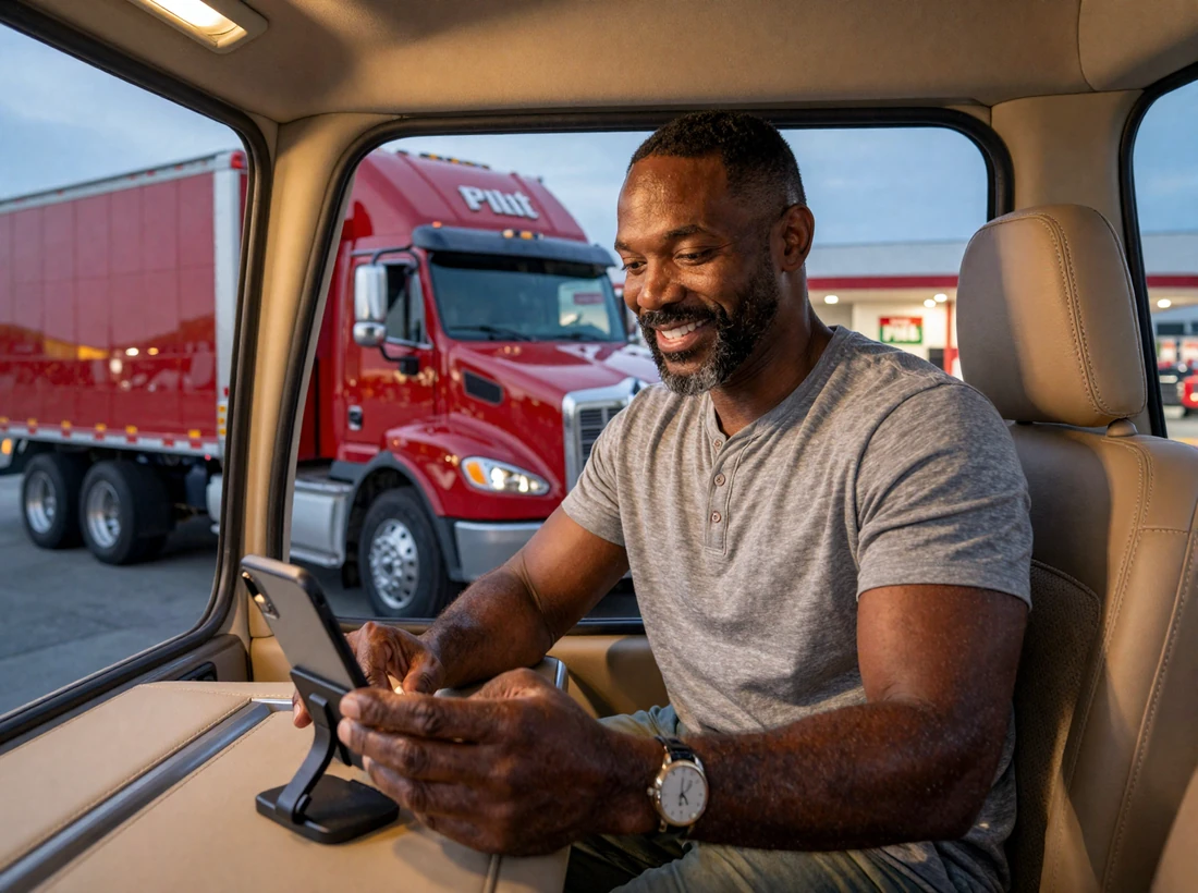 OTR truck driver Marcus on a FaceTime video call from his Kenworth sleeper cab, maintaining a long-distance relationship with a trucker from the road