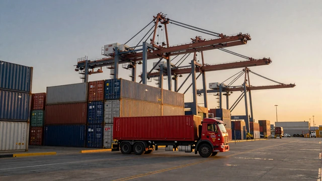 Newark New Jersey container port terminal at dawn with daycab truck, a major hub for NYC area trucker dating