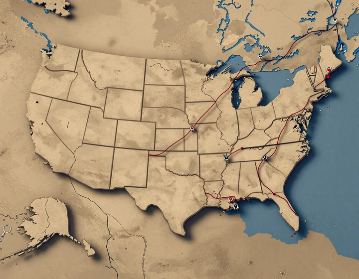 Stylized U.S. map showing 11 priority RoadHeart trucker dating states connected by diesel-red interstate corridors