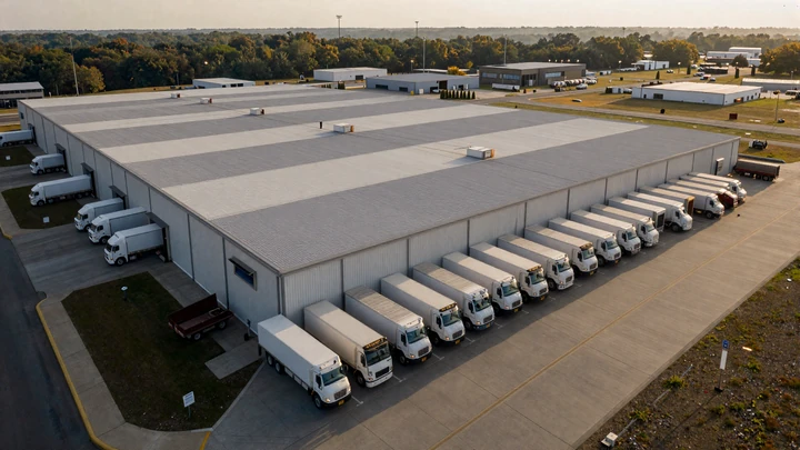 Aerial view of a McDonough distribution center with sleeper trucks at the dock, representing Henry County trucker dating