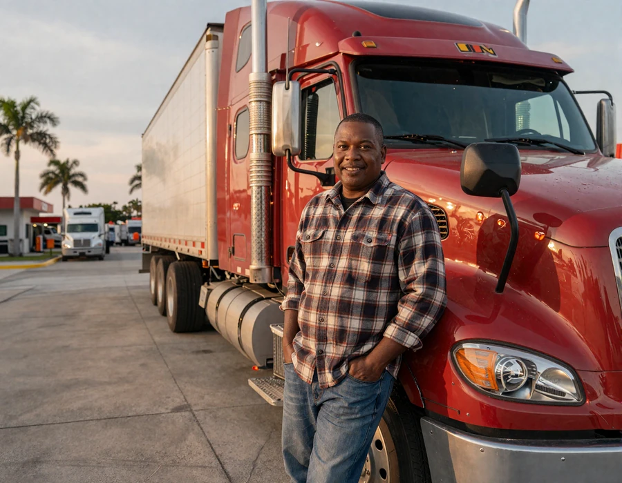 OTR driver at a palm-lined Florida truck stop near I-75, showing the real trucker dating Florida lifestyle