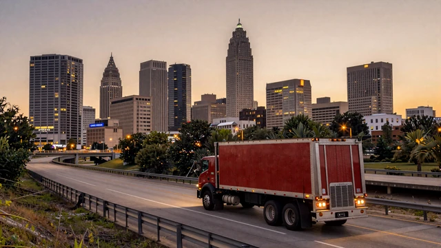 Atlanta skyline at dusk from I-285 with a red sleeper cab on the perimeter, the heart of Georgia trucker dating