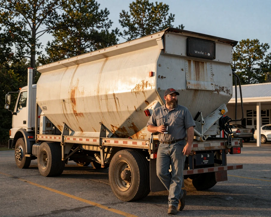 Veteran Arkansas grain hauler leaning against his hopper trailer at a rural truck stop, showcasing authentic agricultural trucking lifestyle