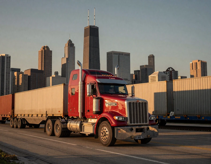 Red Peterbilt sleeper cab on Chicago I-90 Kennedy Expressway at golden hour with Willis Tower skyline behind, representing trucker dating Chicago