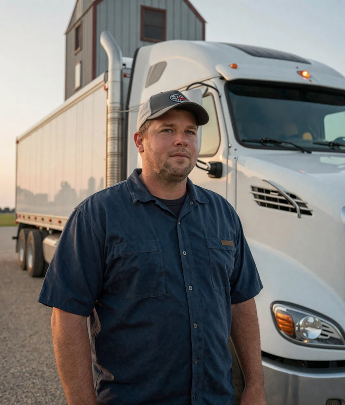 Iowa CDL driver beside his rig near a grain facility, showing the blue-collar community behind trucker dating Iowa