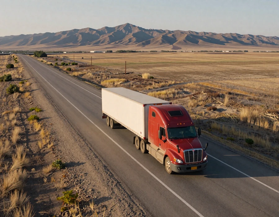 Aerial view of a red semi truck on a U.S. interstate at golden hour, representing trucker dating by state across America
