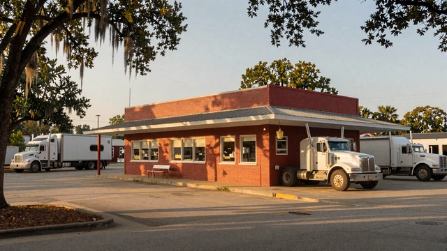 Macon Georgia truck stop diner at sunset with parked 18-wheelers and Spanish moss, capturing middle-Georgia trucker community life
