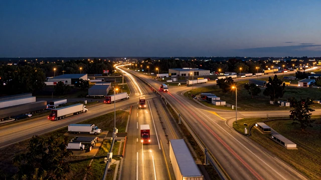 Aerial dusk view of a US freight interchange with truck light trails, representing the RoadHeart Dating by City hub