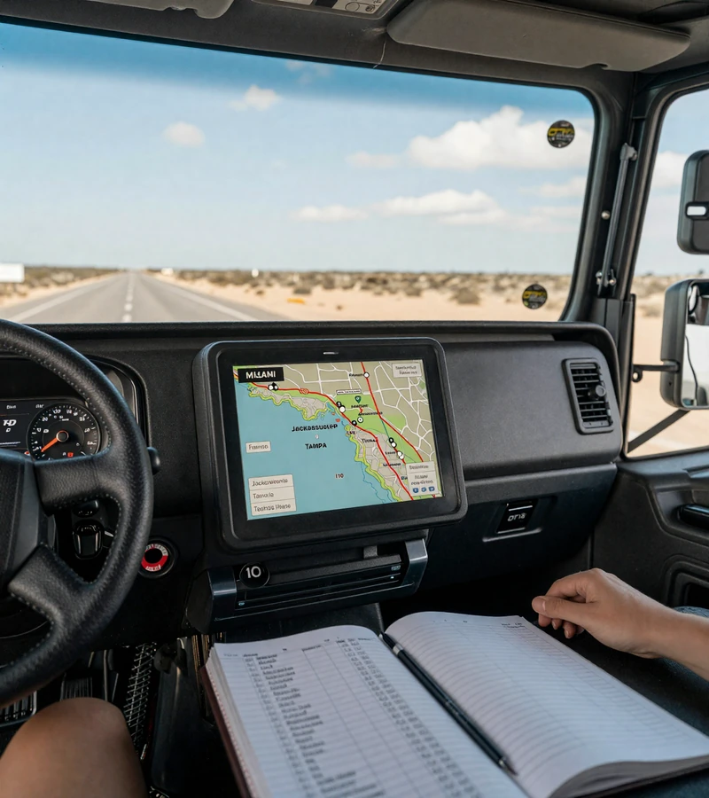 Truck cab dashboard map showing Florida freight routes and port markers for trucker dating Florida connections