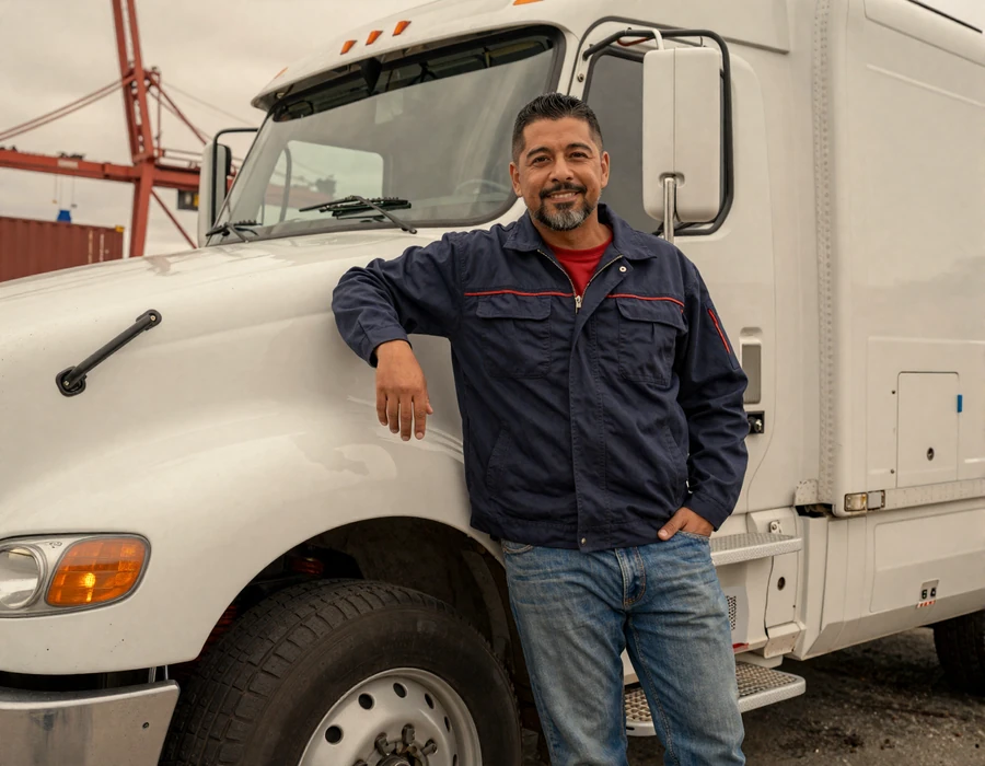 Newark port drayage truck driver beside his daycab tractor, representing New York metro blue collar singles seeking trucker dating