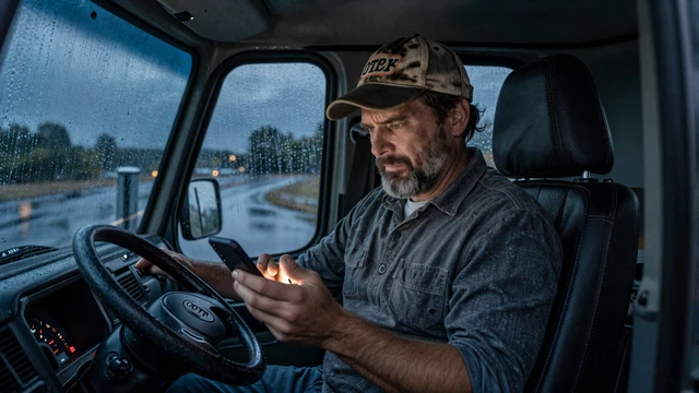 OTR driver Rick frustrated with a dating app inside his cab at night, illustrating why truck drivers struggle with traditional dating apps