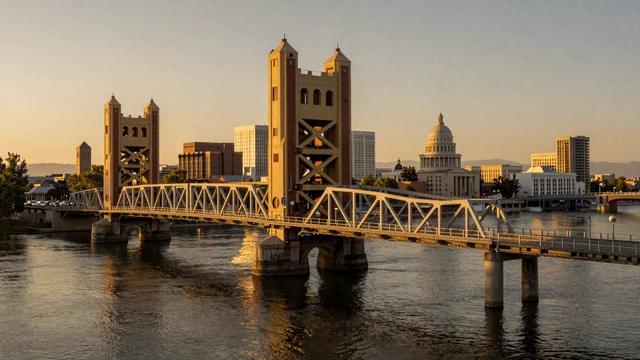 Sacramento Tower Bridge and California state capital skyline at sunset, representing Northern California trucker dating