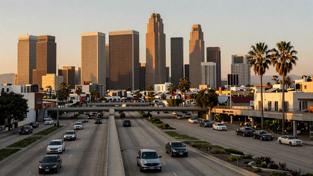 Los Angeles skyline and I-10 freeway at golden hour, the largest California trucker dating metro on RoadHeart