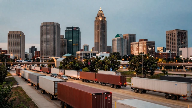 Atlanta skyline and I-285 freight traffic at dusk, representing trucker dating in major freight cities