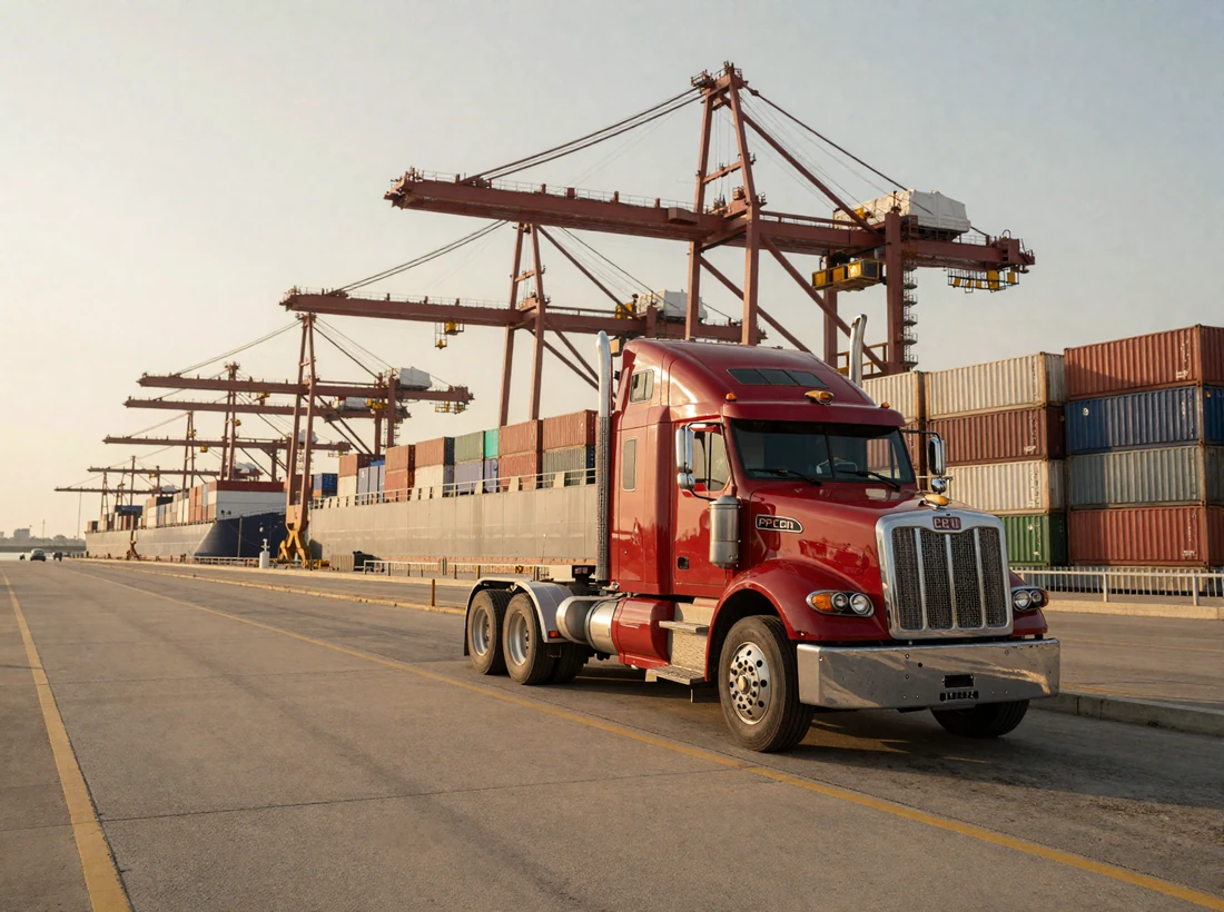 Red Peterbilt sleeper cab parked along the I-10 frontage road with Port of Houston gantry cranes behind at golden hour, representing trucker dating Houston