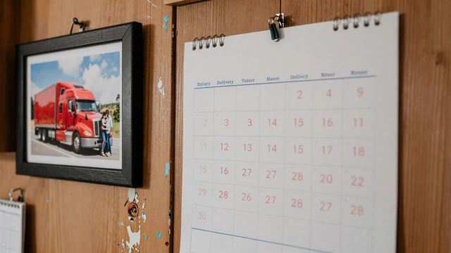 Kitchen calendar marked with home time dates and trucking schedule, illustrating balancing trucking schedules with relationships
