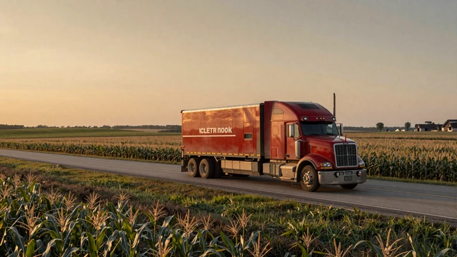 I-80 cutting through Iowa farmland at sunrise, the western feed for Illinois trucker dating community