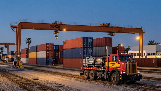 Long Beach intermodal rail yard at dusk with a yard hostler truck, where many Carson trucker singles work daily shifts