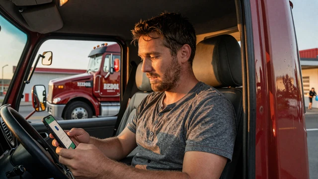 OTR driver Jake reviewing his dating profile from inside his Kenworth cab, illustrating online dating tips for truck drivers