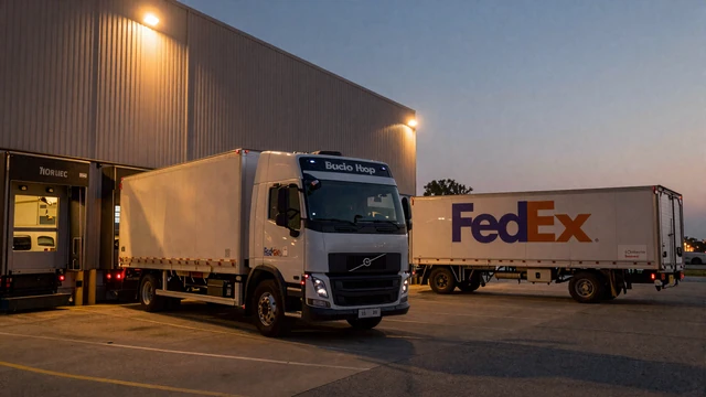Air freight cargo warehouse near O'Hare Bensenville Illinois at twilight, hub for Chicago drayage truckers on RoadHeart