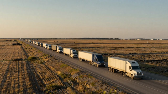 Trucks running Interstate 80 across Nebraska at golden hour, the transcontinental freight corridor for trucker dating Nebraska