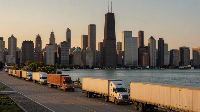 Chicago skyline at golden hour with I-90 freight traffic representing Chicago trucker dating community