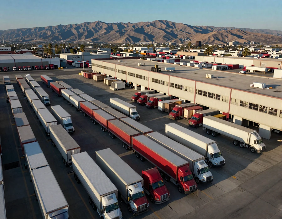 Aerial view of Inland Empire distribution center with rows of semi trucks at loading docks in Ontario California, representing trucker dating California warehouse driver community
