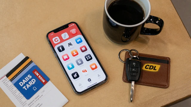 Flat lay of a smartphone with dating apps beside a CDL card and truck keys at a diner table, comparing best dating apps for CDL drivers