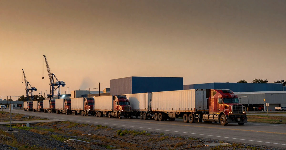 I-80 corridor near Joliet Illinois at twilight with Class 8 trucks rolling past intermodal cranes, the heart of Illinois trucker dating community