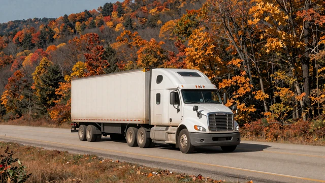 Semi truck on the Pennsylvania Turnpike through Appalachian forests, representing trucker dating Pennsylvania