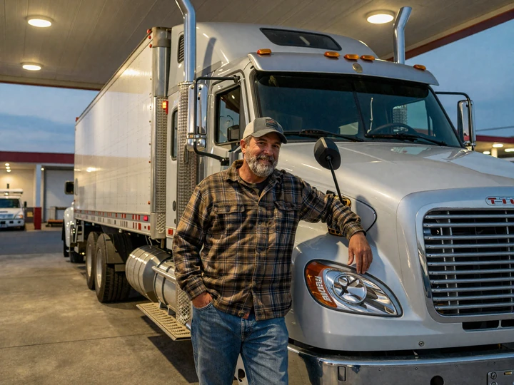 Veteran OTR driver at a Joliet Illinois truck stop at dusk, the heart of Chicago trucker dating community