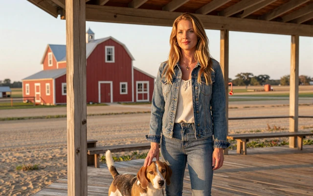 Holly, an Iowa traveling pharma rep open to dating someone who travels for work, on her farmhouse porch with her rescue beagle