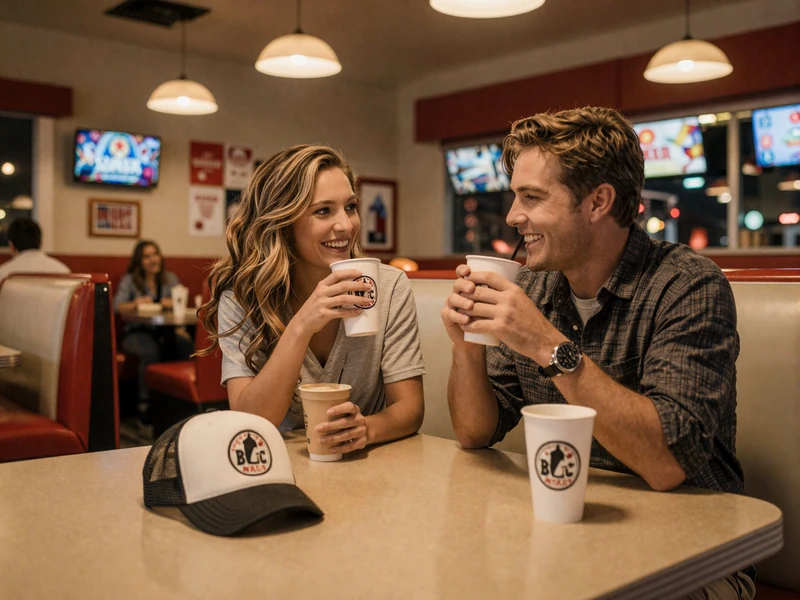 Couple sharing coffee in a warm Texas diner booth at night, reflecting the genuine connections behind dating a truck driver in Texas